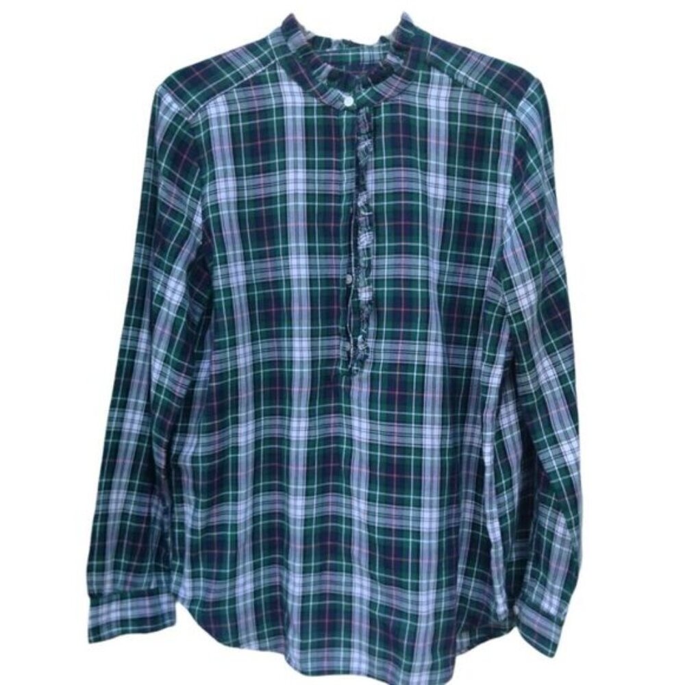 LOFT Button Down Shirt Plaid Size M Ruffle Neck Navy Green White